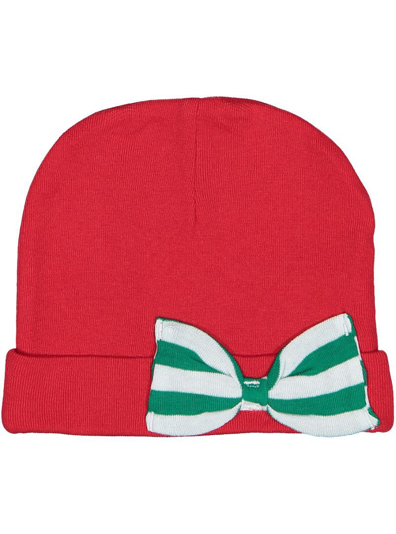 Baby Folded Beanie Cap with Bow, 100% Cotton,  (Red, Green & White)
