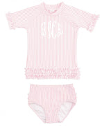 Load image into Gallery viewer, Baby Seersucker Pink Rash Guard Bikini by Ruffle Butts®
