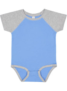 Baby (Raglan - Short Sleeve - Baseball) Onesie, 100% Cotton, Blue & Vintage Heather