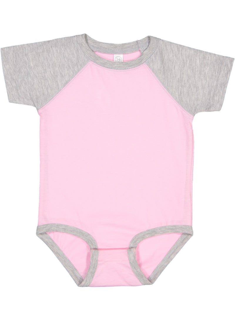 Baby (Raglan - Short Sleeve - Baseball) Onesie, 100% Cotton), Pink & Vintage Heather