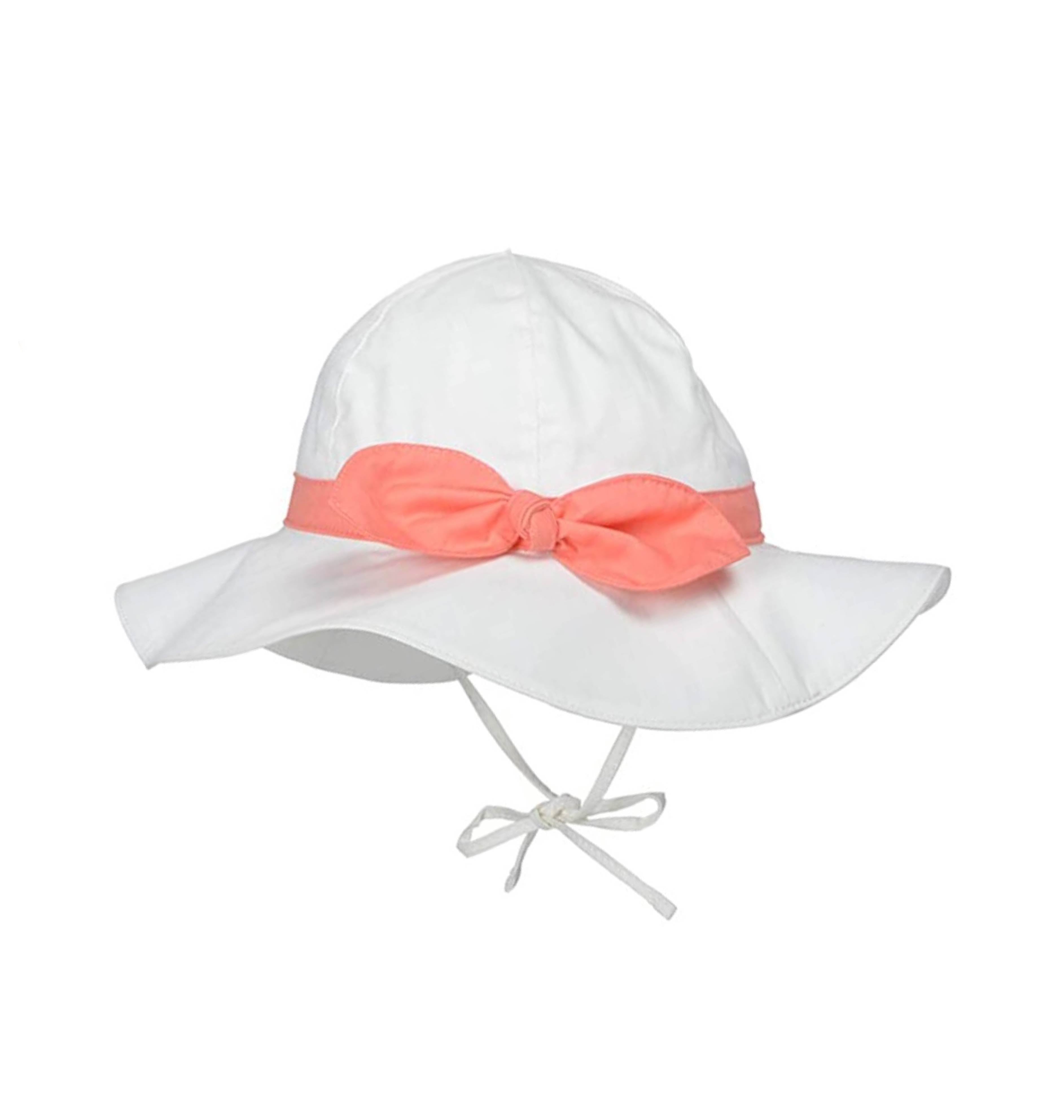 Baby (6 - 12 M),   Sun Protection Bucket Hat (White with Salmon Color Bow)