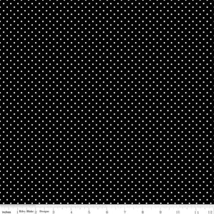 White Swiss (Polka) Dots - Black Background Fabric, 100% Cotton, Ref. C670-110 BLACK, Swiss Dots Collection by Riley Blake Designs®