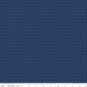 White Swiss (Polka) Dots - Navy Background Fabric, 100% Cotton, Ref. C670-21 NAVY, Swiss Dots Collection by Riley Blake Designs®