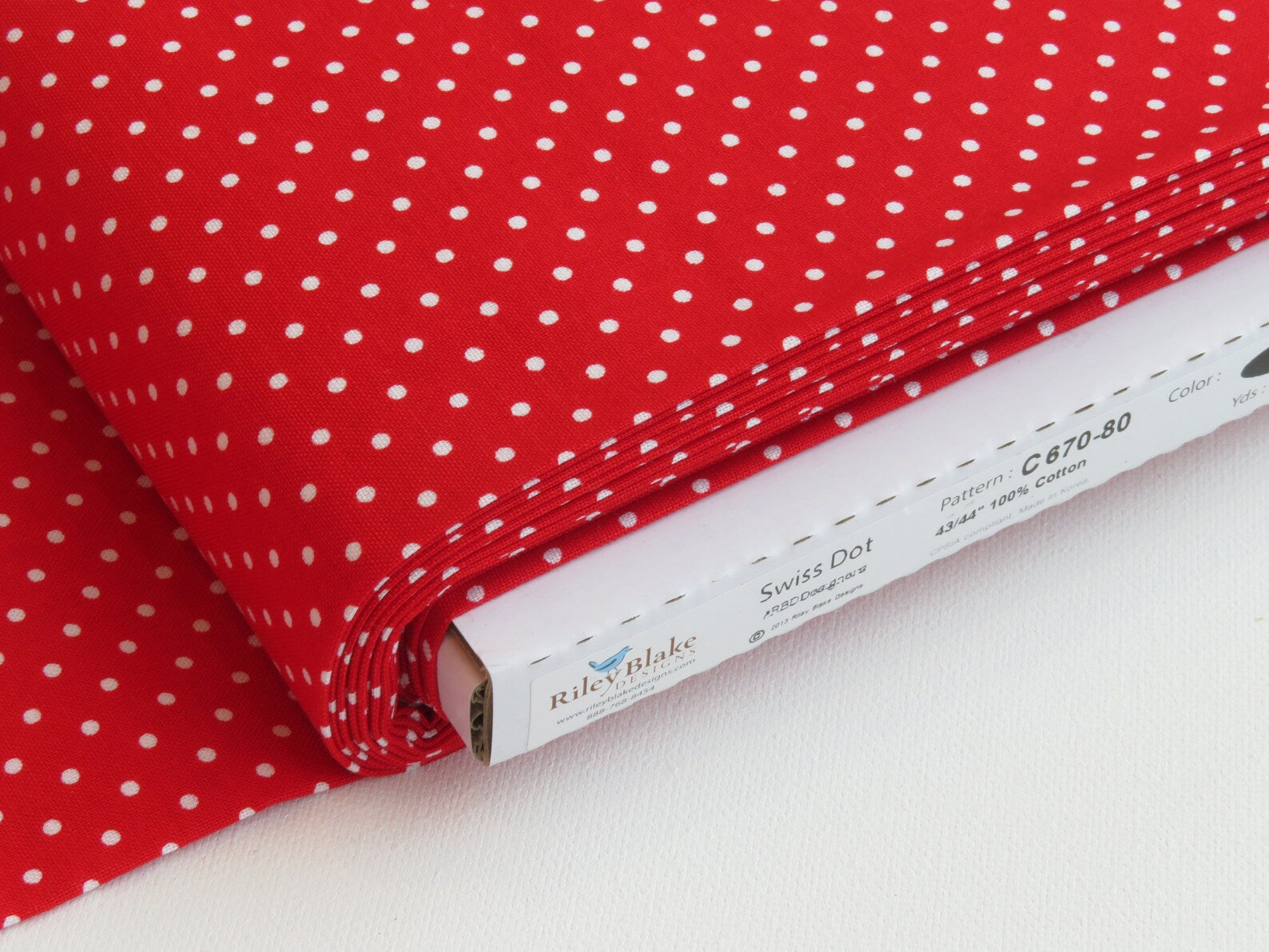 White Swiss (Polka) Dots - Red Background Fabric, 100% Cotton, Ref. C670-80 RED, Swiss Dots Collection by Riley Blake Designs®