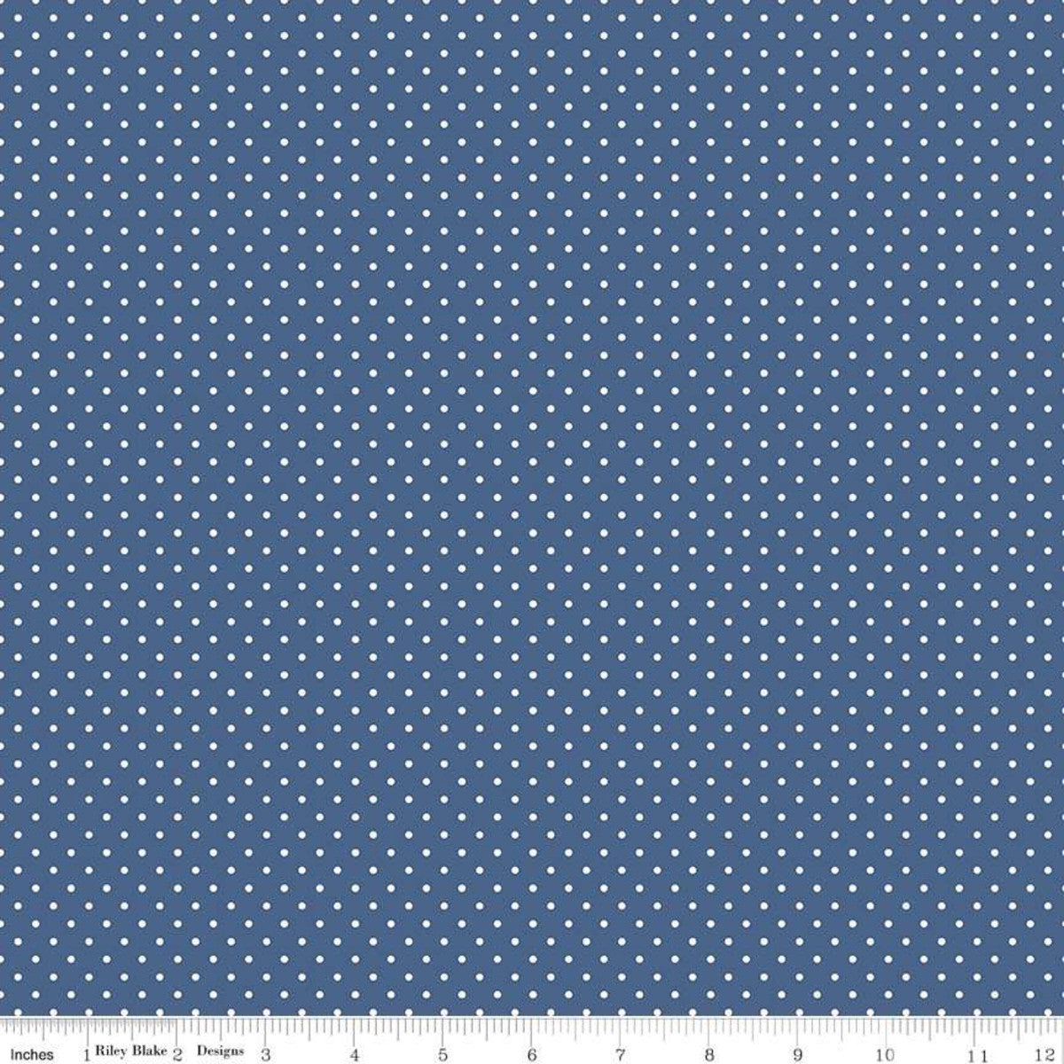 White Swiss (Polka) Dots - Denim Background Fabric, 100% Cotton, Ref. C670-DENIM, Swiss Dots Collection by Riley Blake Designs®