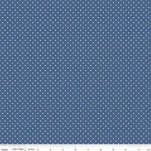 White Swiss (Polka) Dots - Denim Background Fabric, 100% Cotton, Ref. C670-DENIM, Swiss Dots Collection by Riley Blake Designs®