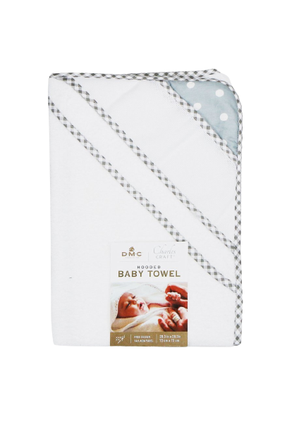 Charles Craft White-Grey Baby Hooded Towel (28.3" x 28.3") with Aida count 14 panel by DMC