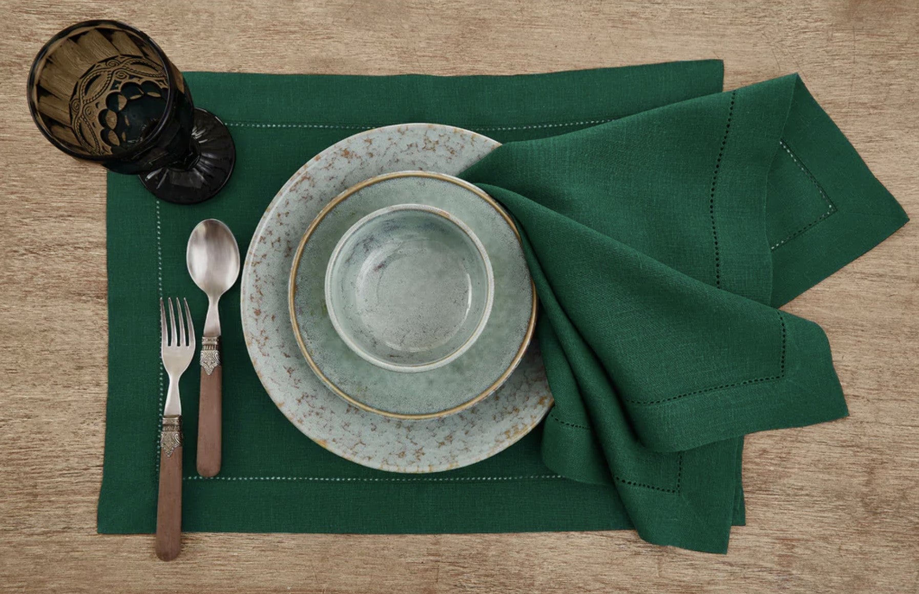 Green Forest Hemstitch Table Linen Collection, 100% Linen