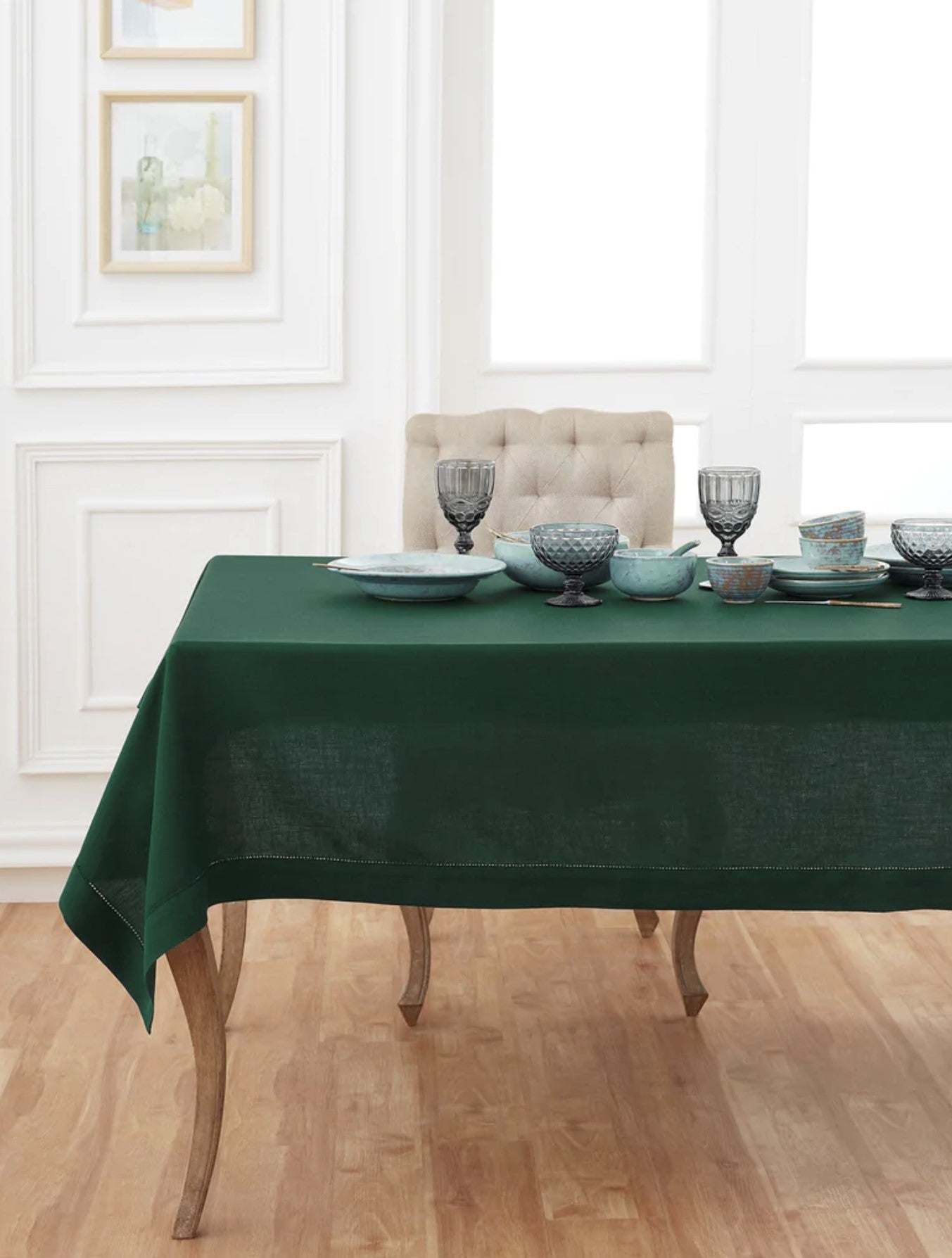 Green Forest Hemstitch Table Linen Collection, 100% Linen