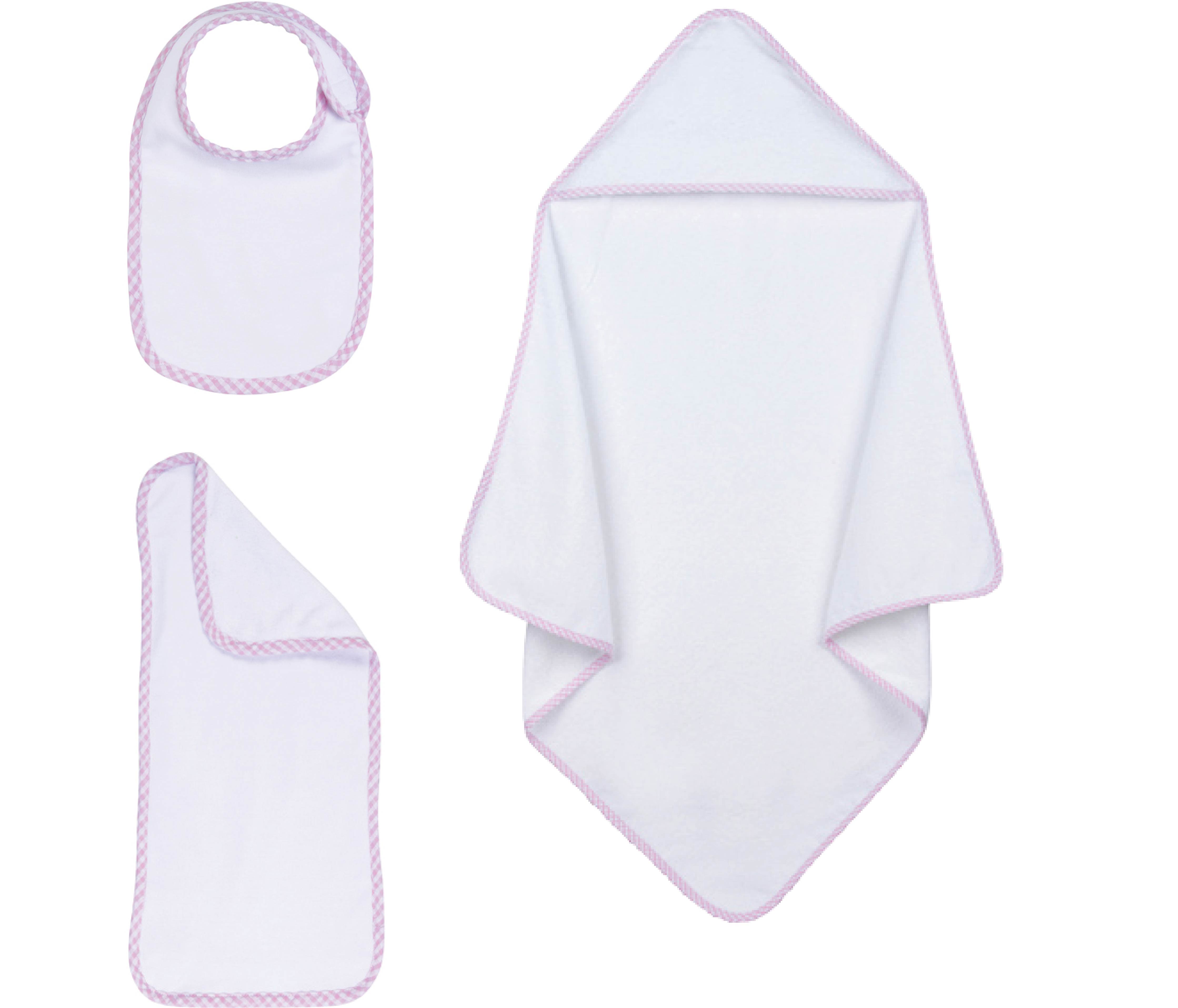 Embroidery Blank Set (Bib, Burp Cloth and Hooded Towel with Pink Gingham Border)