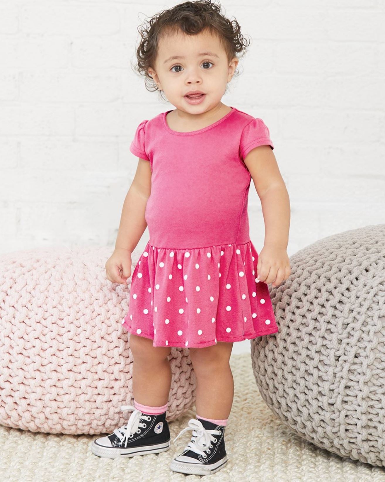 Baby Cotton Rib Dress, (Sizes: 6M - 24M), Raspberry with White Dots