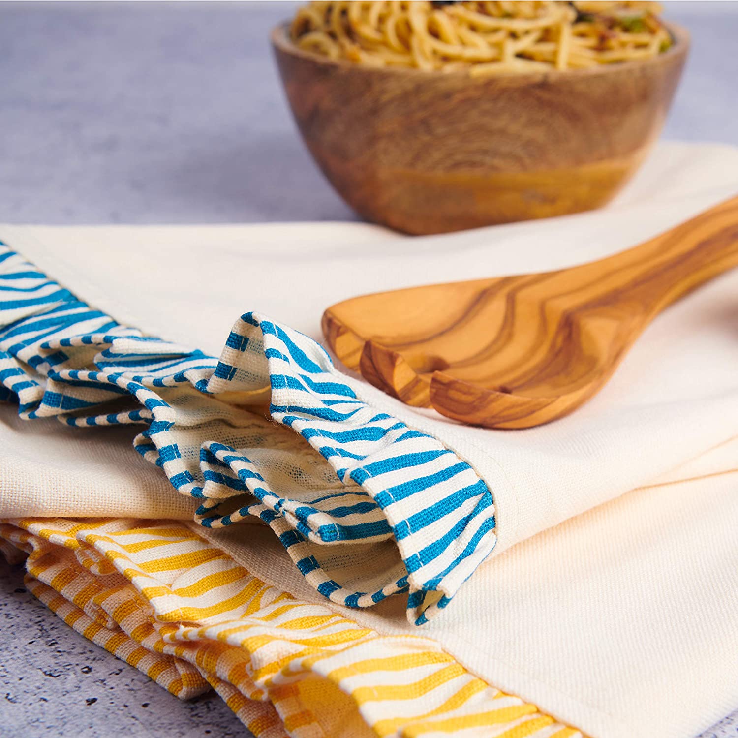 Kitchen Towels with Striped Ruffles Borders, Set of 3