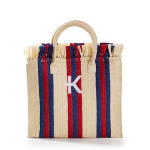 Natural Straw Spring Tote (Navy - Red)