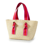 Load image into Gallery viewer, Natural Straw Tote with Fuchsia-Orange Striped Ribbon
