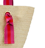 Load image into Gallery viewer, Natural Straw Tote with Fuchsia-Orange Striped Ribbon
