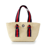 Load image into Gallery viewer, Natural Straw Tote with Navy-Red Striped Ribbon
