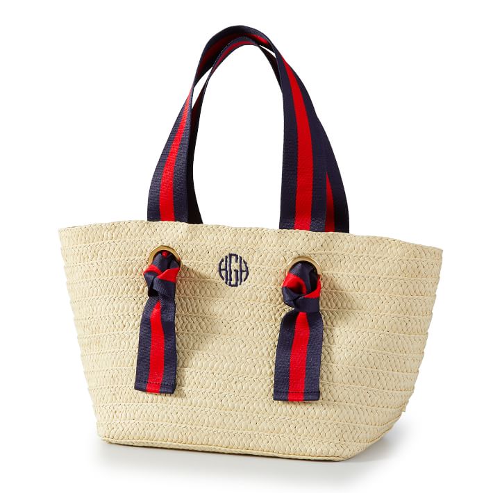 Natural Straw Tote with Navy-Red Striped Ribbon
