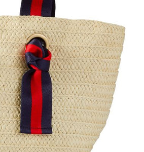 Natural Straw Tote with Navy-Red Striped Ribbon