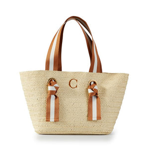 Natural Straw Tote with Golden Striped Ribbon