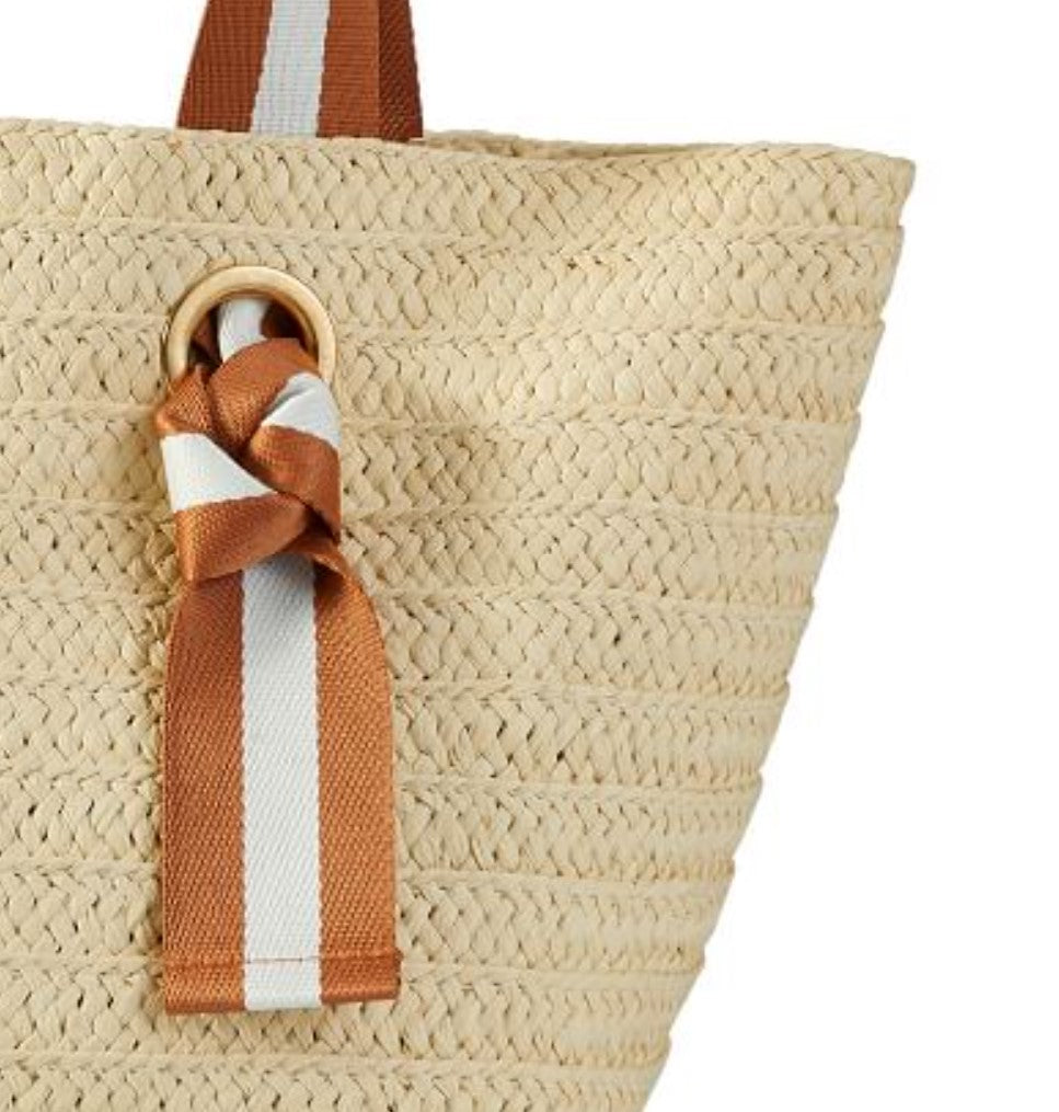 Natural Straw Tote with Golden Striped Ribbon