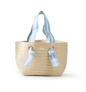 Natural Straw Tote with White-Blue Striped Ribbon