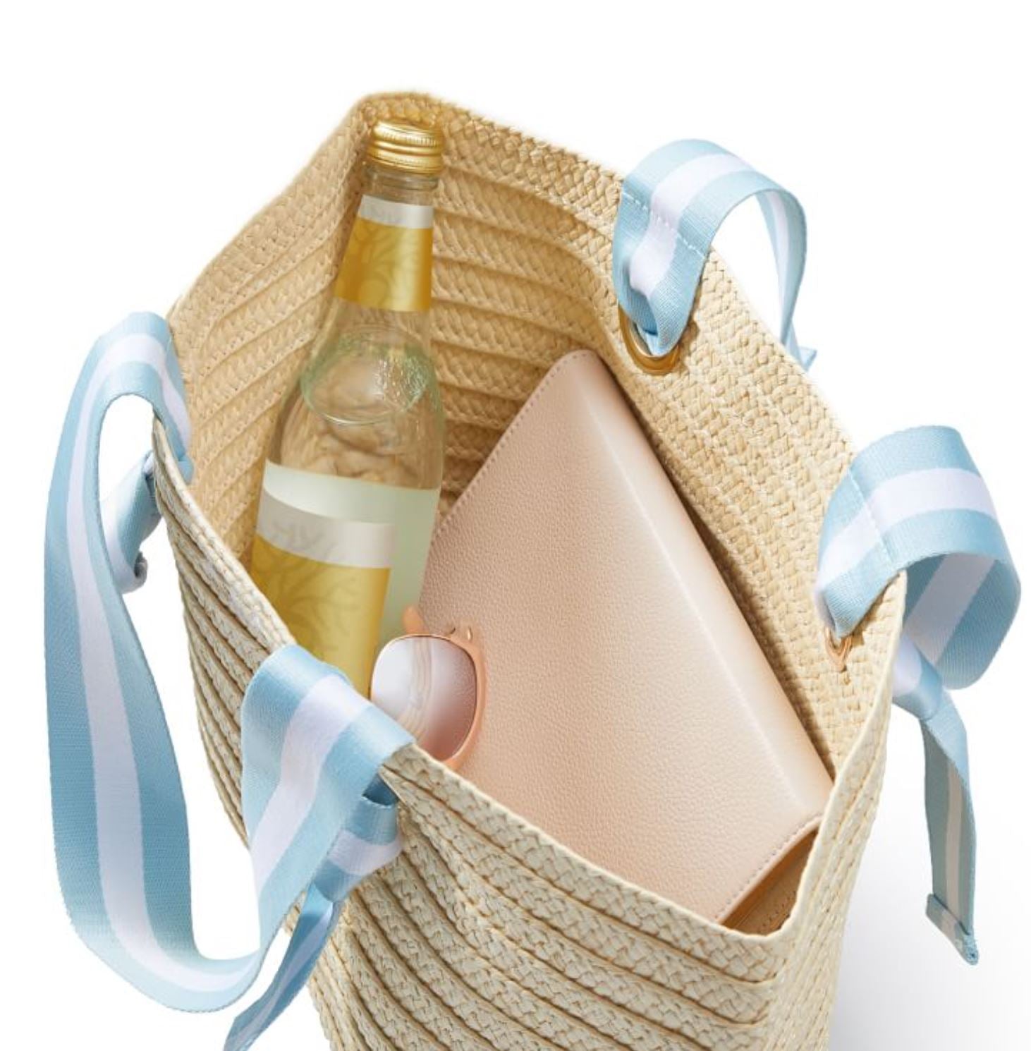 Natural Straw Tote with White-Blue Striped Ribbon