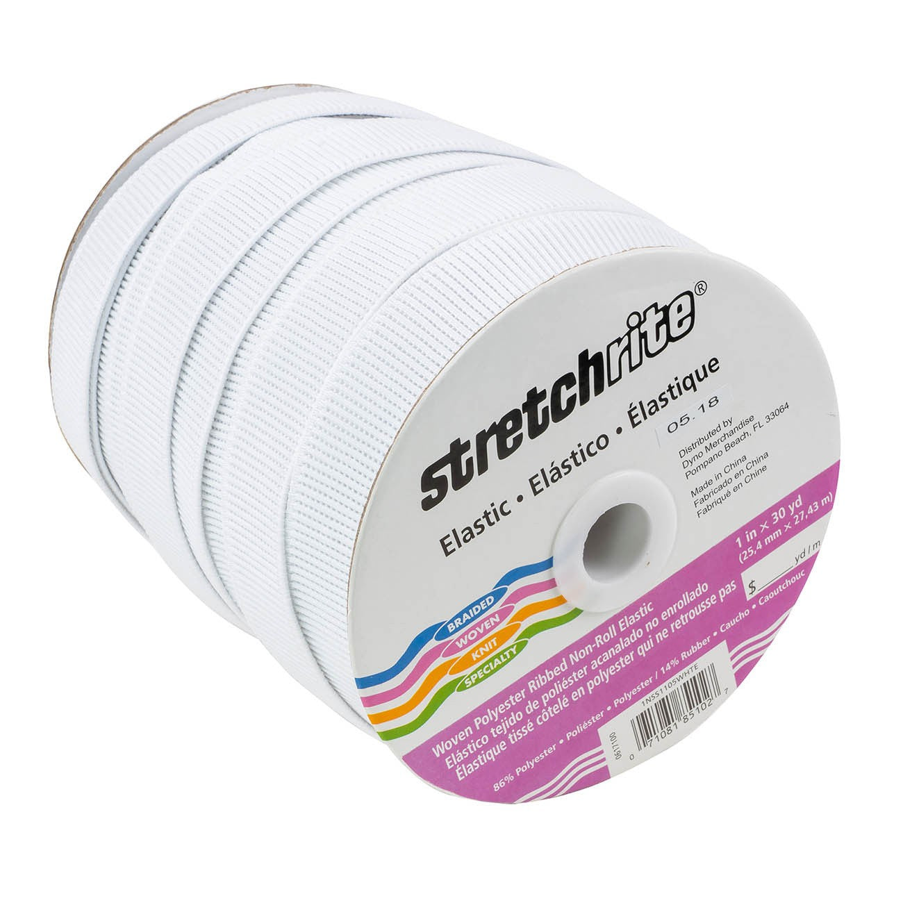 White Polyester Non-Roll Ribbed Elastic, 1in - Ref. 1NSS1105WHTE --  by Stretchrite®
