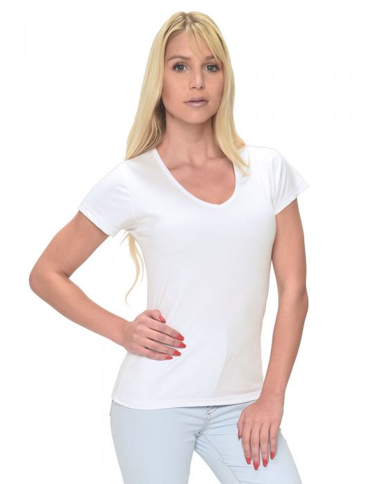 Sublimation (100% MicroPoly), Short Sleeve Women Classic V-Neck Tee, White