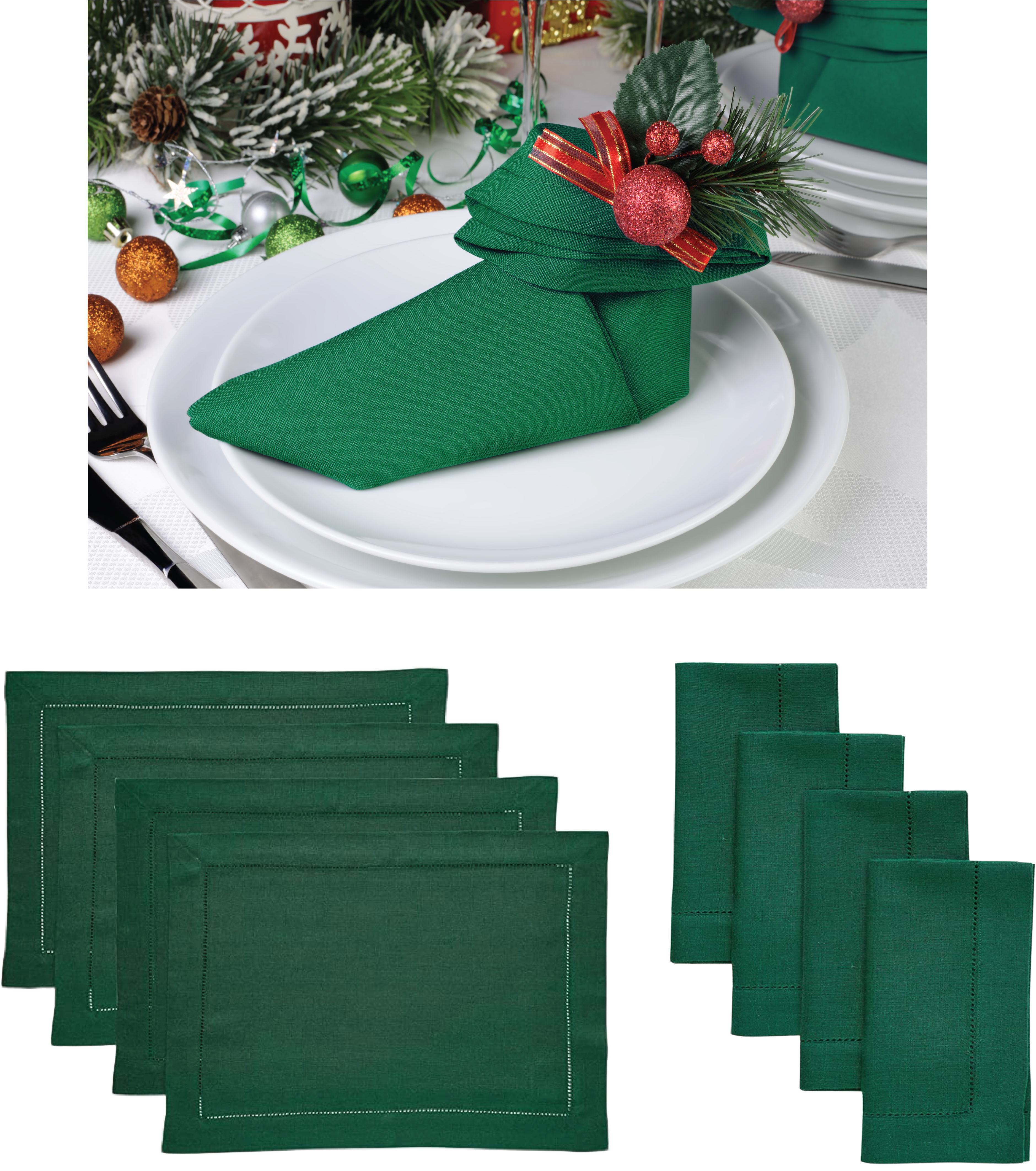 Green Forest Hemstitch Table Linen Collection, 100% Linen