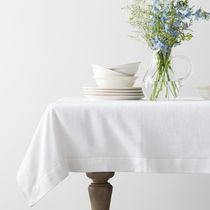 White Linen Hemstitched Tablecloths, Various Sizes