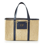 Load image into Gallery viewer, Woven Natural Straw Tote with Faux Leather Trims (Navy)
