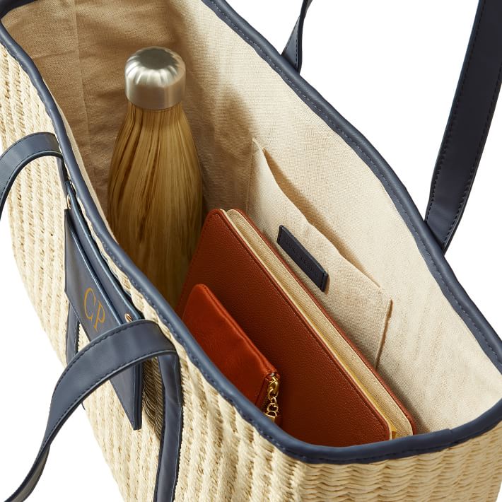 Woven Natural Straw Tote with Faux Leather Trims (Navy)