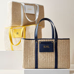 Load image into Gallery viewer, Woven Natural Straw Tote with Faux Leather Trims (White)
